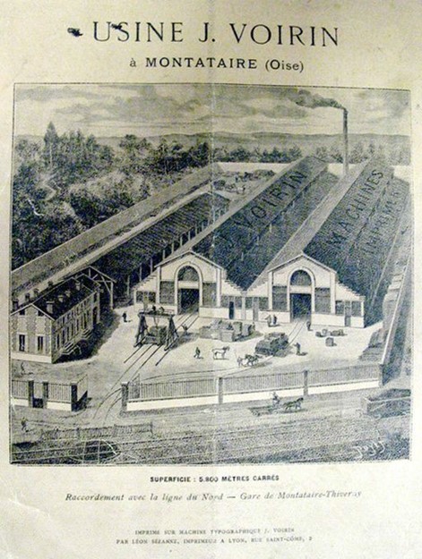 Vue cavalière de l’usine Voirin, verso d’un catalogue de l’entrepr